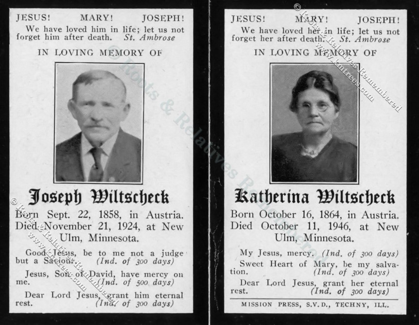 Joseph and Katherine (Schieffert) Wiltscheck, memorial cards Joseph and Katherine (Schieffert) Wiltscheck, memorial cards